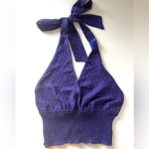 Love Tree Navy Pink Polka Dot Smocked Halter Crop Top Size M